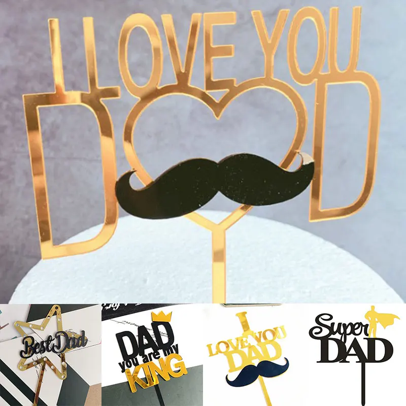 

2021 New Father Happy Birthday Cake Topper Black Acrylic DAD party Cake Toppers For Father's Day cakes gift dessert Decoration