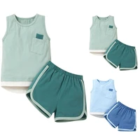 children summer sleeveless suit green small pocket round neck cotton top solid casual shorts blue fashion two piece set