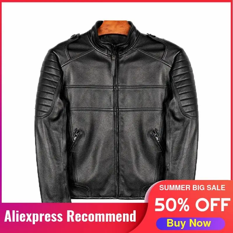 

2021 Black Genuine Leather Jacket Men Motorcycle Style Stand Collar Plus Size 3XL Real Natural Cowhide Slim Fit Biker Coat
