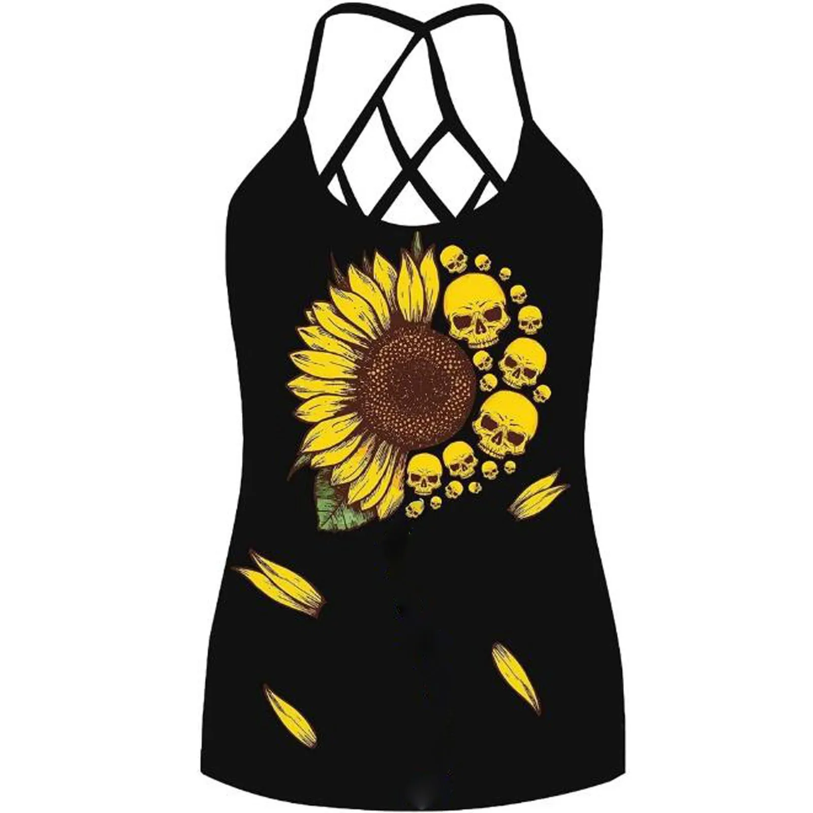 Женская майка на бретелях с открытой спиной принтом черепа подсолнуха без