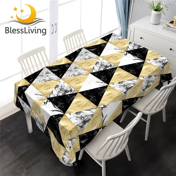 BlessLiving Marble Rectangle Tablecloth Geometric Table Cover Black Golden Luxury Table Cloths Rock Stone Trendy Table Linen 1pc 1