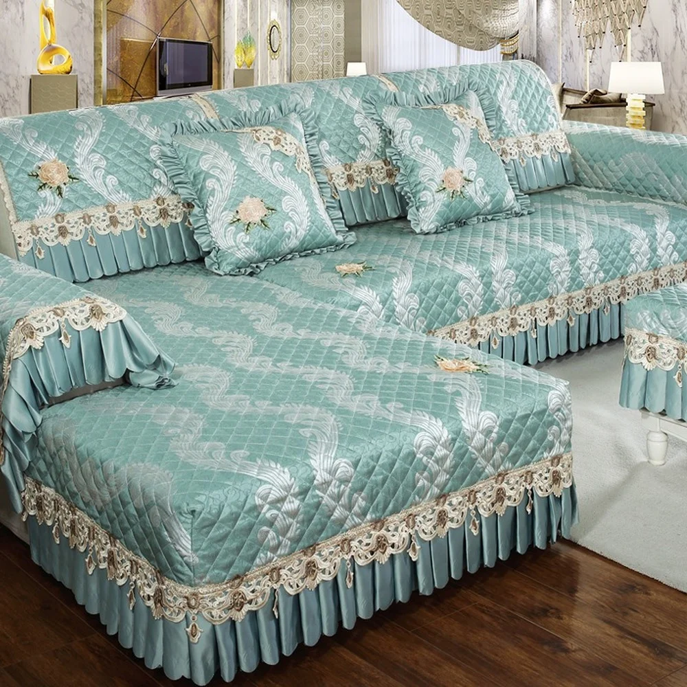 

Blue Luxury Cotton Linen Sofa Cover Grey Jacquard Embroidery Sofa Towel Thick Soft Cushion Pillow Case Exquisite Lace Sofa Set 2