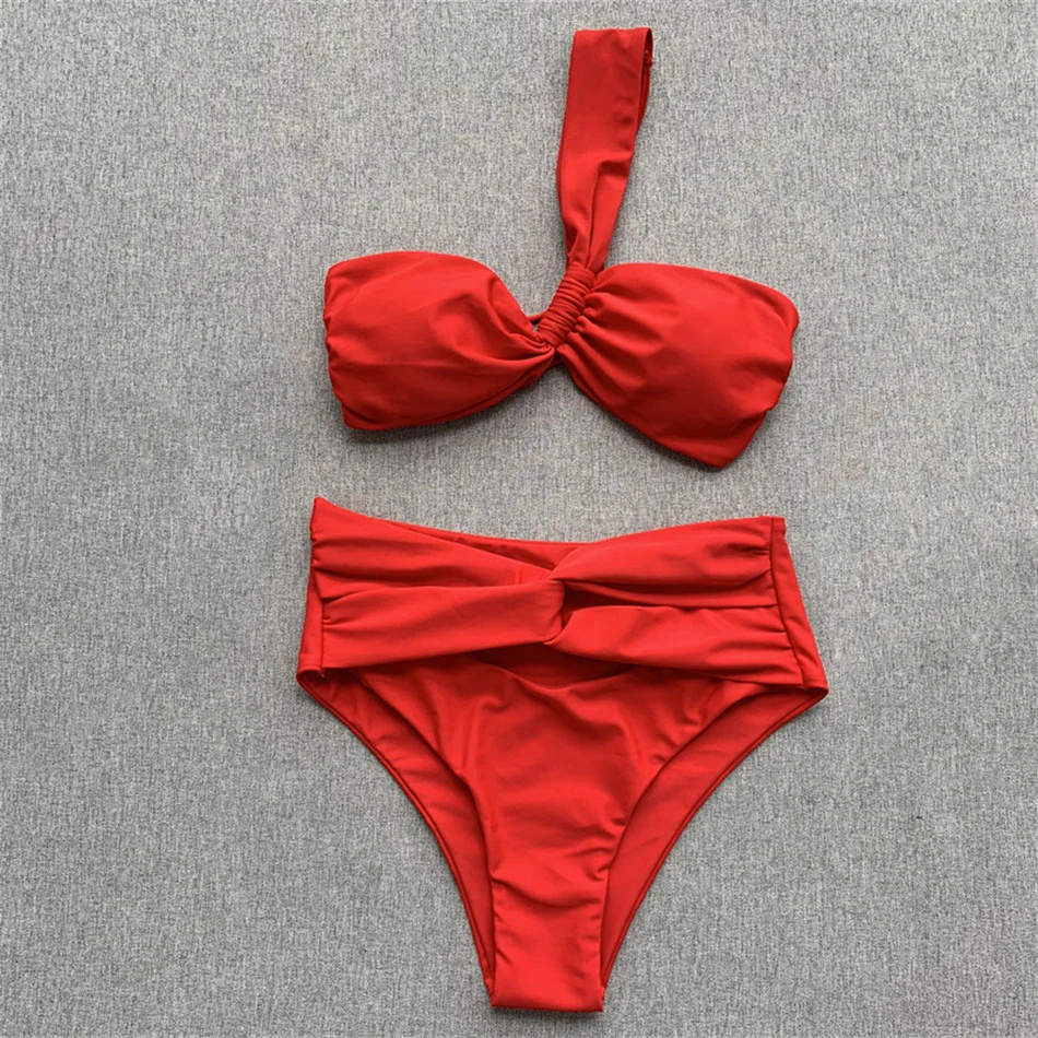 Женский купальник с высокой талией однотонный бикини одним плечом бандо бандаж
