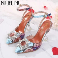 niufuni 2022 summer pointed toe sunflower rhinestone snake pattern crystal women sandals buckle stilettos clear cup heels pumps