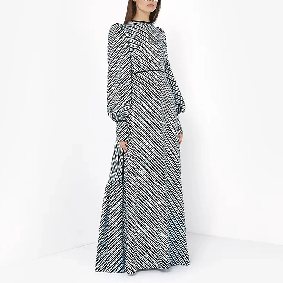 

Elegant Diagonal Stripes Women Long Dress Sexy Long Lantern Sleeve Celebrity Evening Party Dress Female 2020 Autumn Fashion New