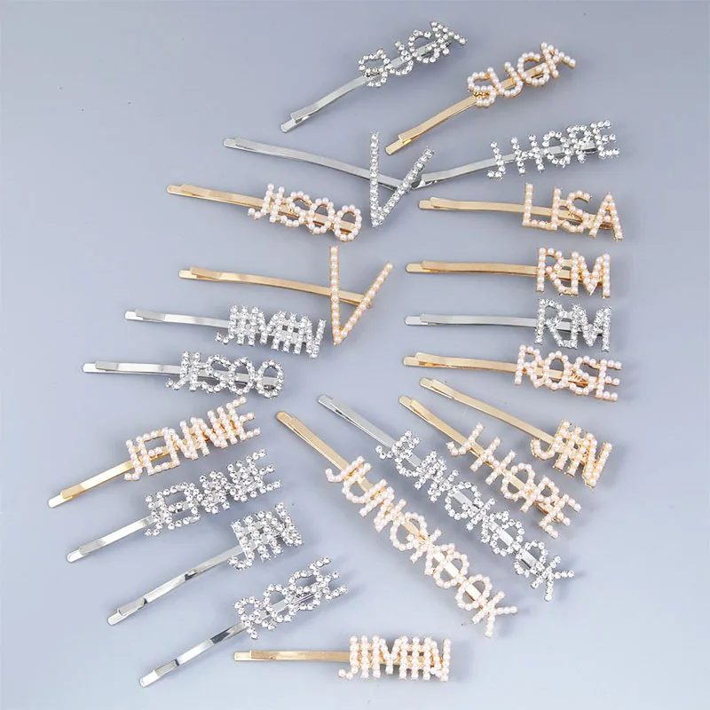 

Kpop Bangtan Boys Hairpins JK V JIMIN SUGA RM LISA ROSE Hair Clip Women Rhinestone Crystal Letter Pearl Jewelry Hairpin Hair