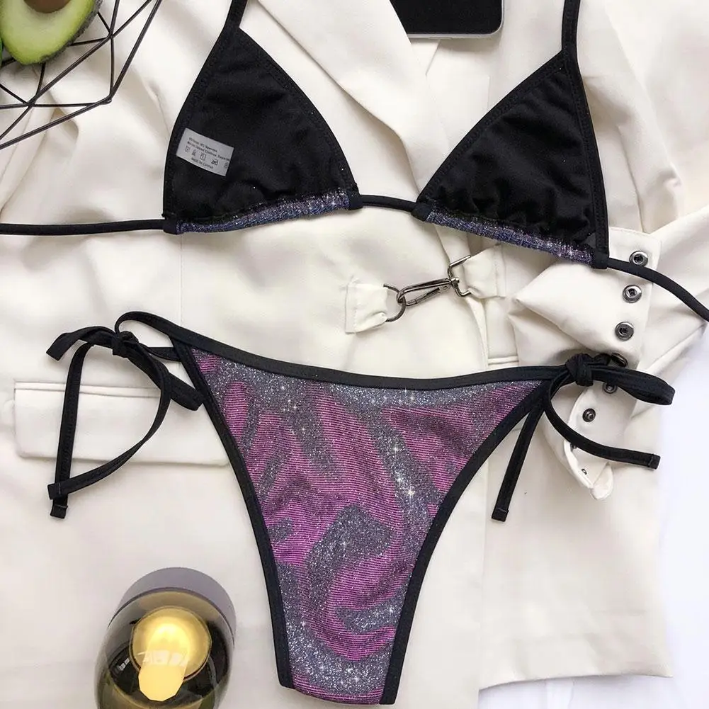 

Luxury Bling Purple Bikini Set Crystal Diamond Women Sexy Bathing Up Swimwear Swim Halter Push Bandage Beachwear O0j0