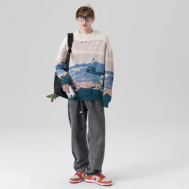 

New Arrival Fall Men Sweater Japan Style Glacier Snow Mountain Natural Printing Fresh Youthful Student All-Match Campus Pullover