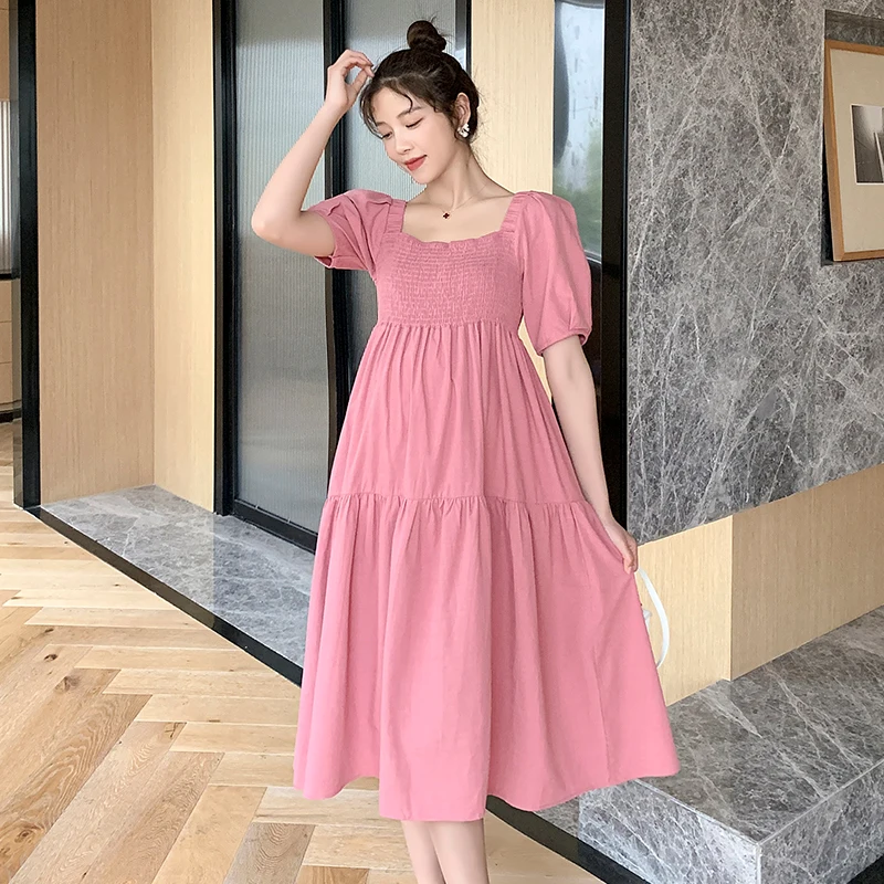 

5519# 2021 Summer Sweet Pink Cotton Maternity Long Dress Lovely A Line Slim Waist Loose Clothes for Pregnant Women Pregnancy