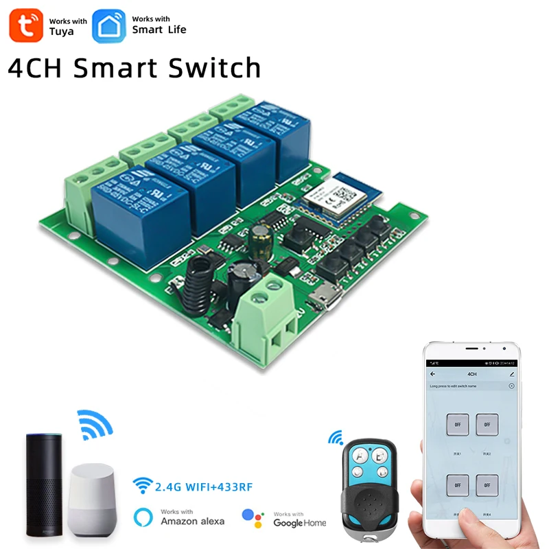 Tuya Smart Life Wifi Light Switch Module 4CH DC 5/12/32V Inching RF433 Receive 10A Relays Work With Alexa Google Home | Электроника