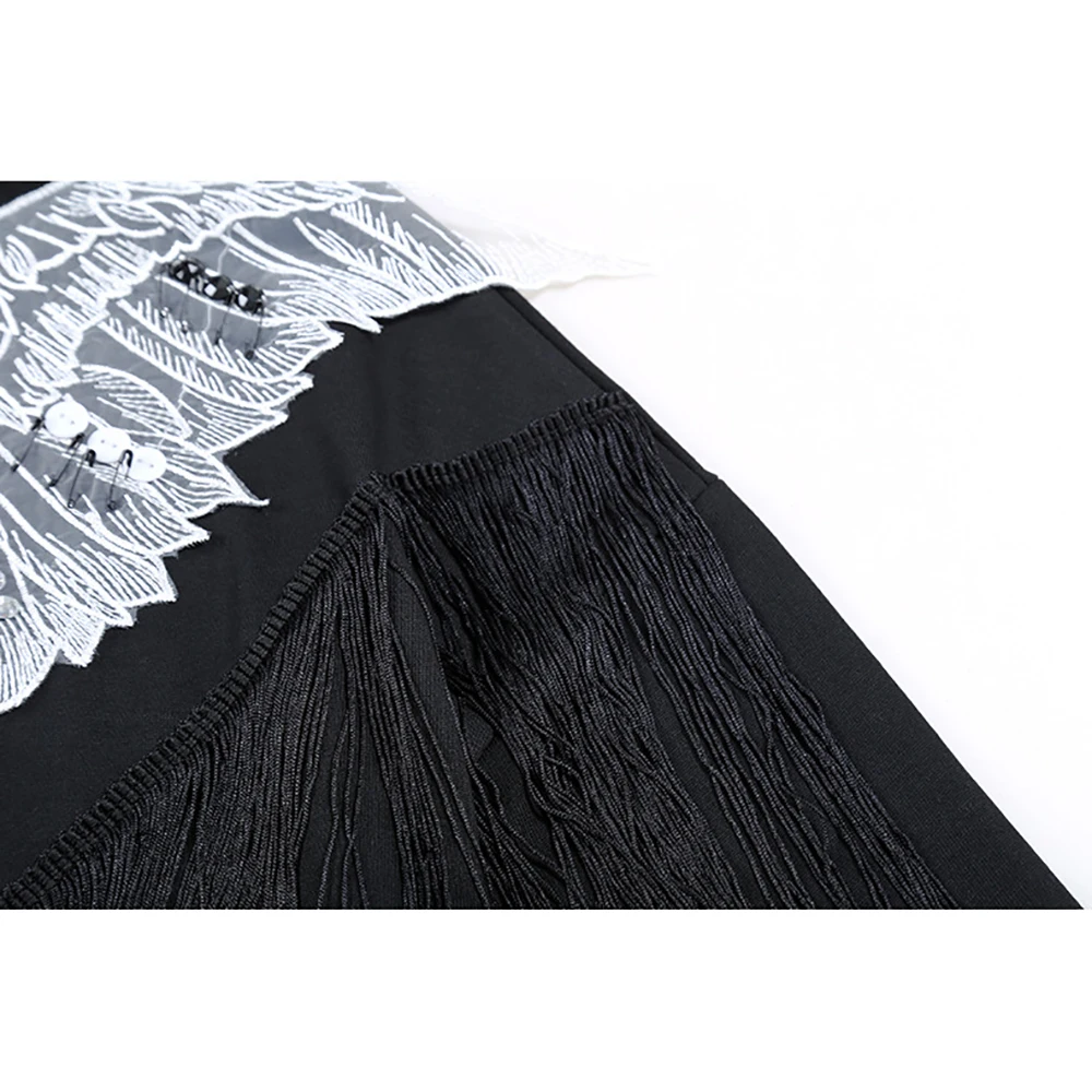

YUANYUANJYCO Spring Autumn Women Midi Streetwear Cotton Dresses Fashion Lace Appliques Wings Diamonds Tassel Black Clothes