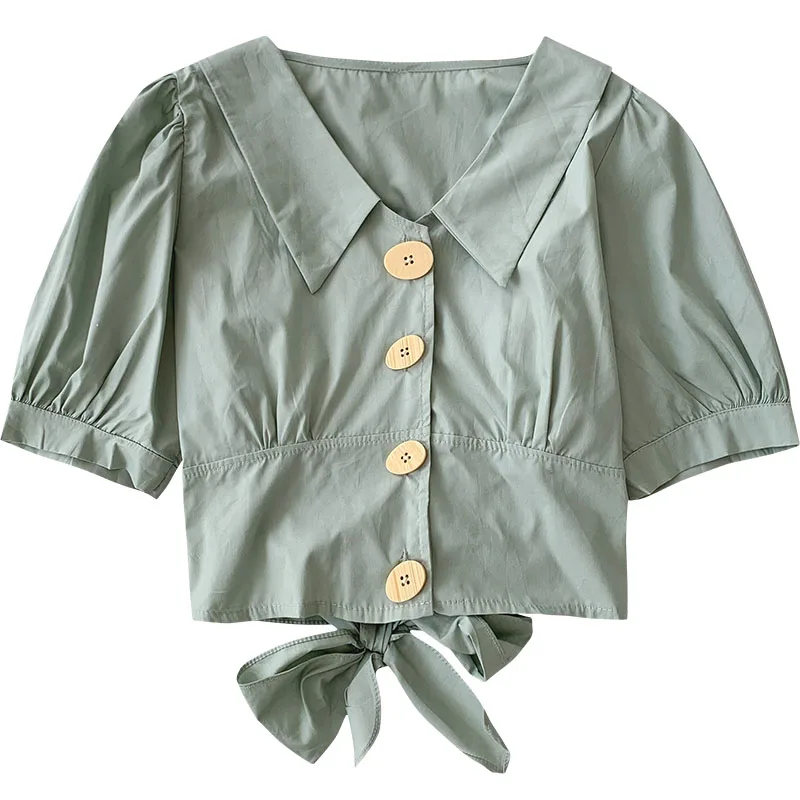 

Kimutomo Short-sleeved Shirt Women's 2021 Summer New Korean Design Bow Tie Slim Single Breasted Short Blouse Girls Elegant