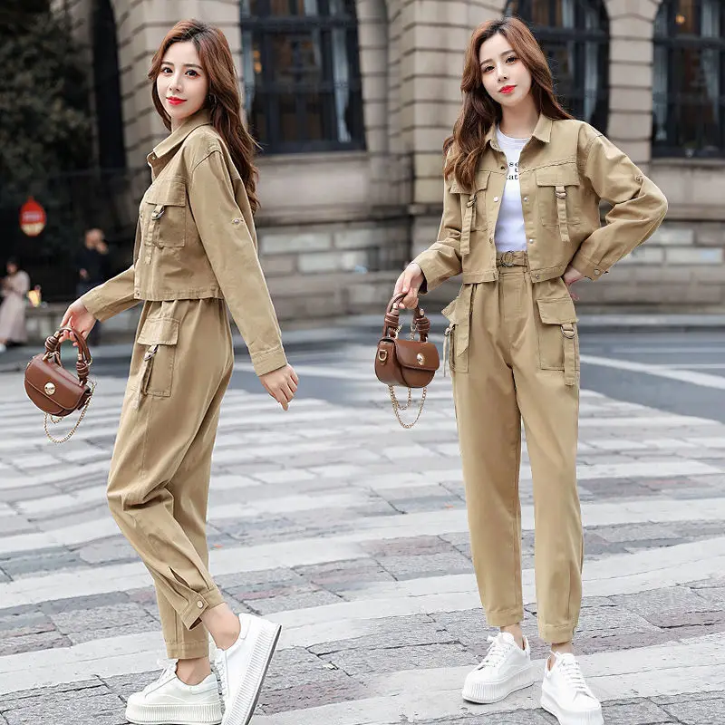 

Оснастка из хлопка, женский костюм, новинка 2021, Модный повседневный костюм из двух предметов со снижением возраста