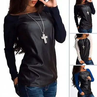 

Sexy Women Blouse Scoop Neck Long Sleeve Patchwork PU Leather Tops Ladies Casual Basic Tees Shirts Female Blusa Outwear