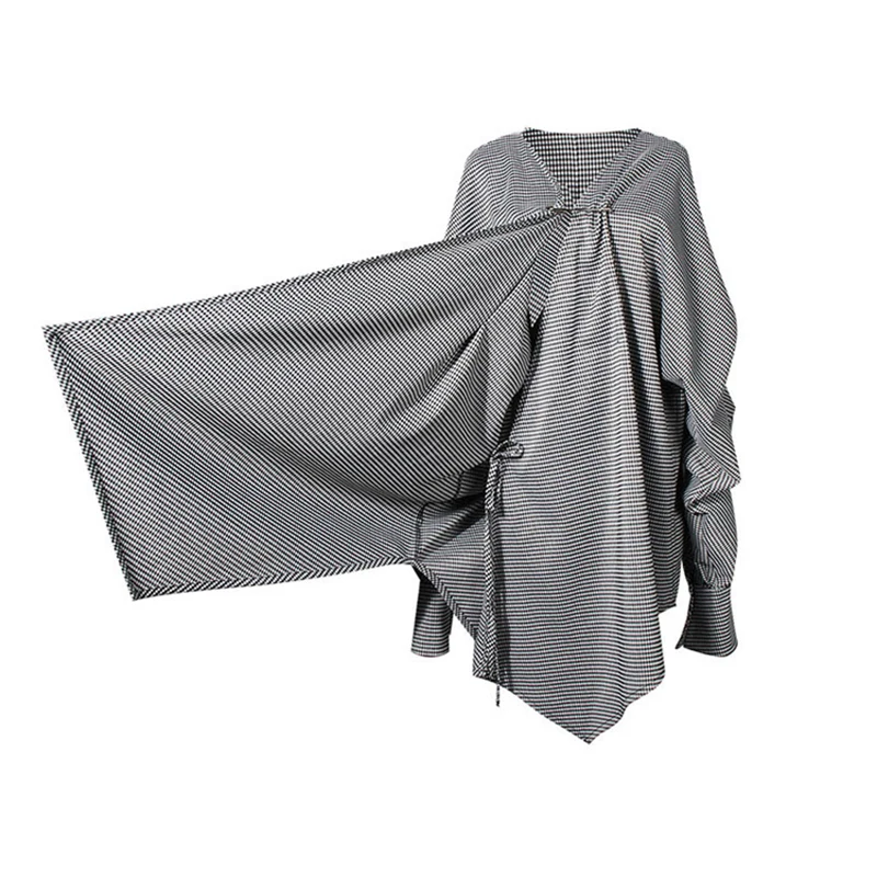 

CHICEVER Two Piece Set Plaid Dress For Women V Neck Patchwork Pin Asymmetrical High Waist Skirt Female Suit 2021 Spring New