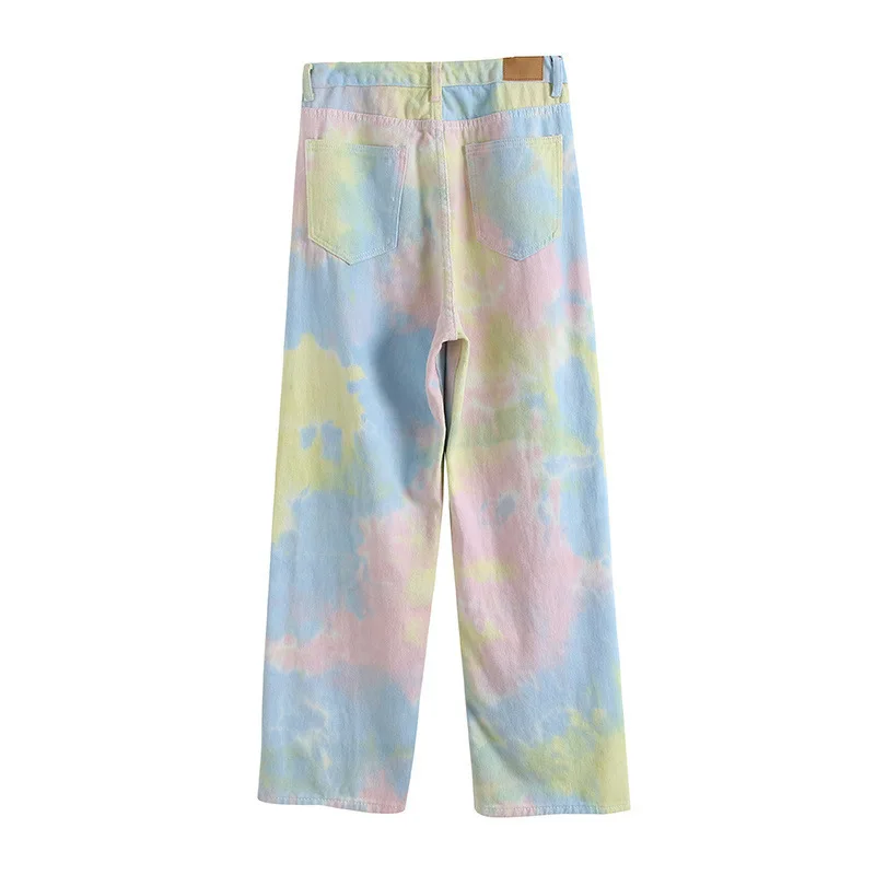 

Tie-Dyed Rainbow Pink Jeans Women's Summer Belt Buckle Slimming Wide-Leg Pants 2021 New High-Waist Mopping Pants Fashion