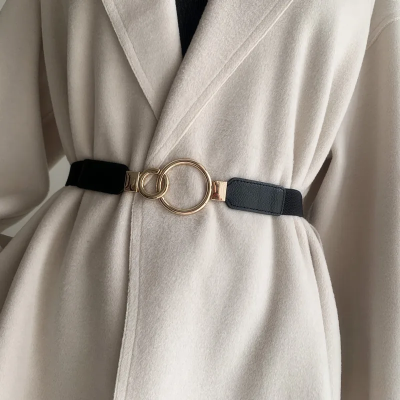 

Metal Buckle Belts For Women Double Ring Thin Belts Leather PU Belt Lady Coat Dress Waistband