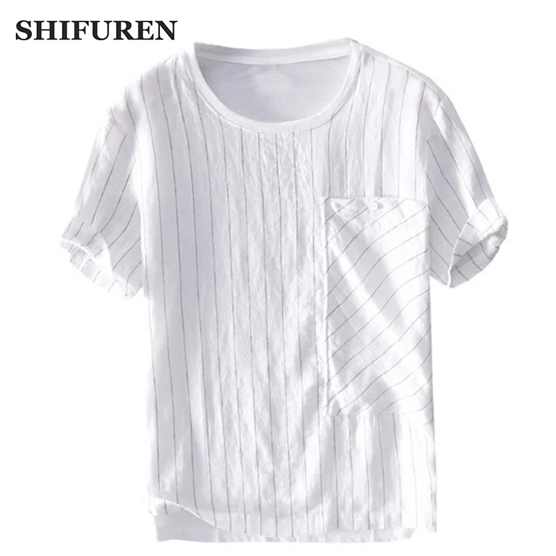 

Футболка SHIFUREN Мужская в полоску, дышащая рубашка из чистого льна с круглым вырезом, топ с коротким рукавом, Повседневная Уличная одежда, лет...