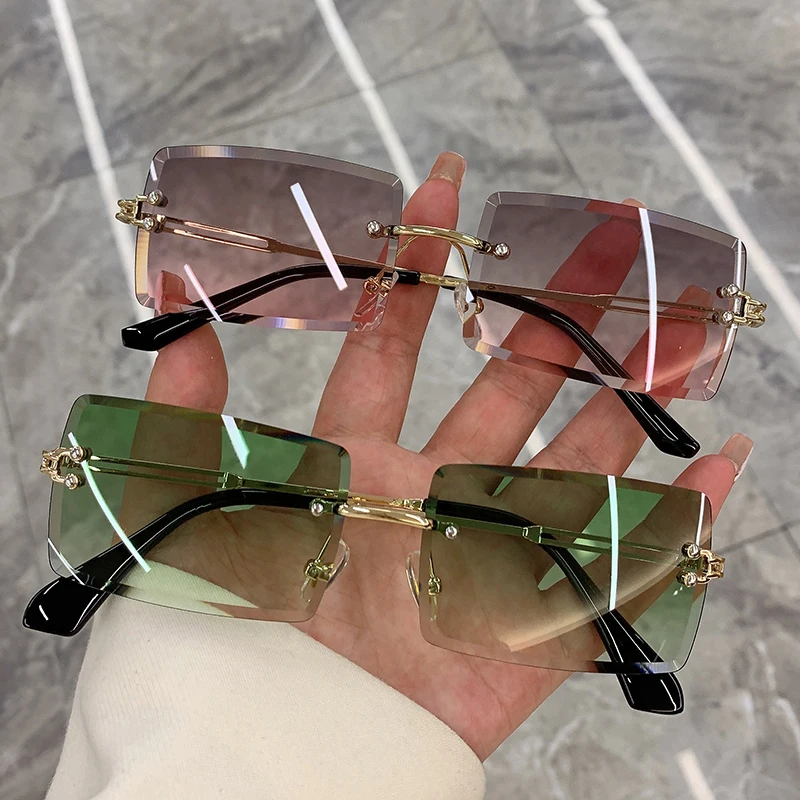 

Vintage Fashion 2021 New Sunglasses Rimless Frameless Rectangle Shades Gradient UV400 Summer Traveling Sun Glasses for Women