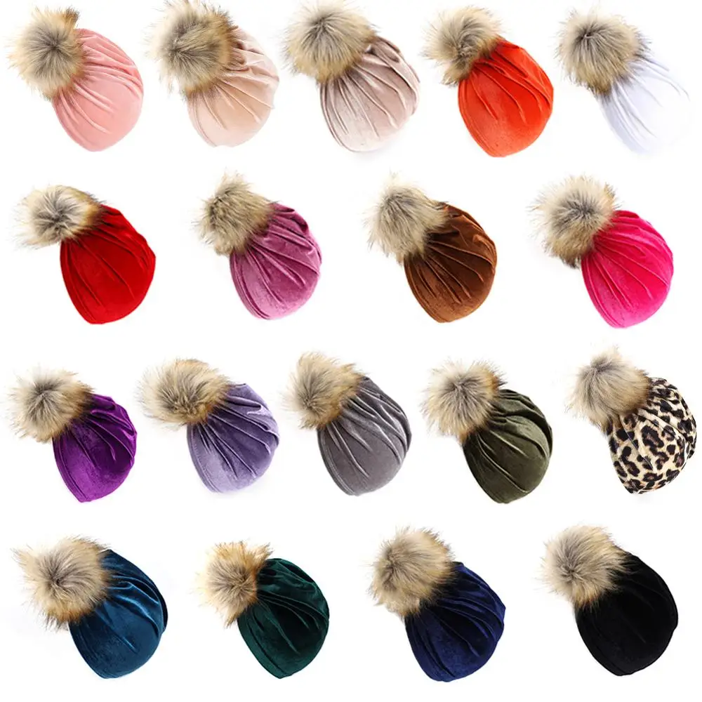 Solid Velvet Fabric Fur Ball Hat for Kids Boys Girls Baby Photograph Props Big Pompom Topknot Autumn Winter Ear Warm Beanie Cap