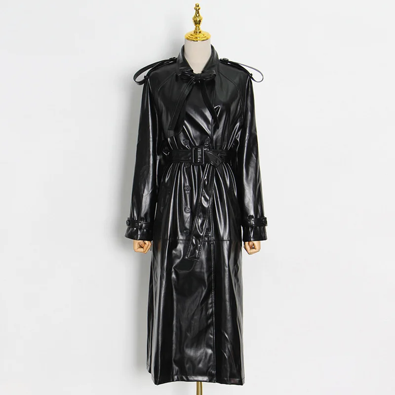 

SeeBeautiful Spliced Loose PU Leather Trench Coat Lapel Long Sleeve Double Breasted Belt New Fashion 2021 Winter Women G737