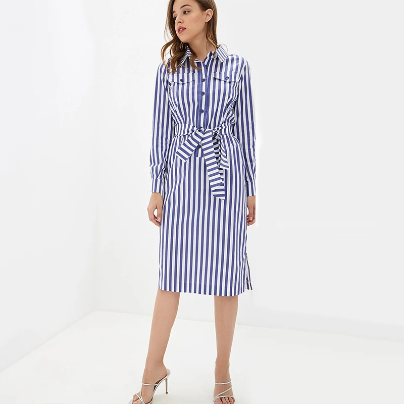 Женские пояса Полосатое прямое платье дамы длинный рукав отложной воротник