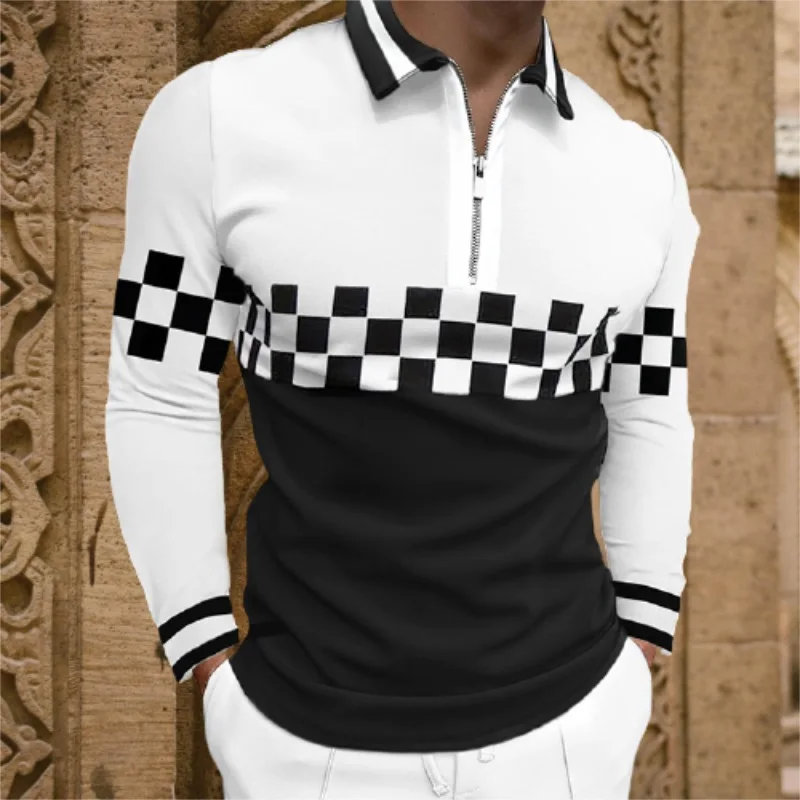 Mens Fashion Patchwork Long Sleeve Polo Shirts Casual Turn-down Collar Zipper Top Slim Polo Shirt for men 2021 Autumn Streetwear