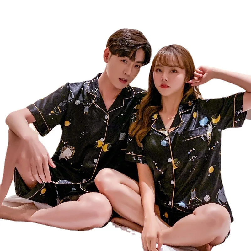 2021 Summer New Ice Silk Couple Pajamas Suit Short Sleeve Shorts Men's Women's Pajamas Home Wear Underwear Sleepwear Nightwear
