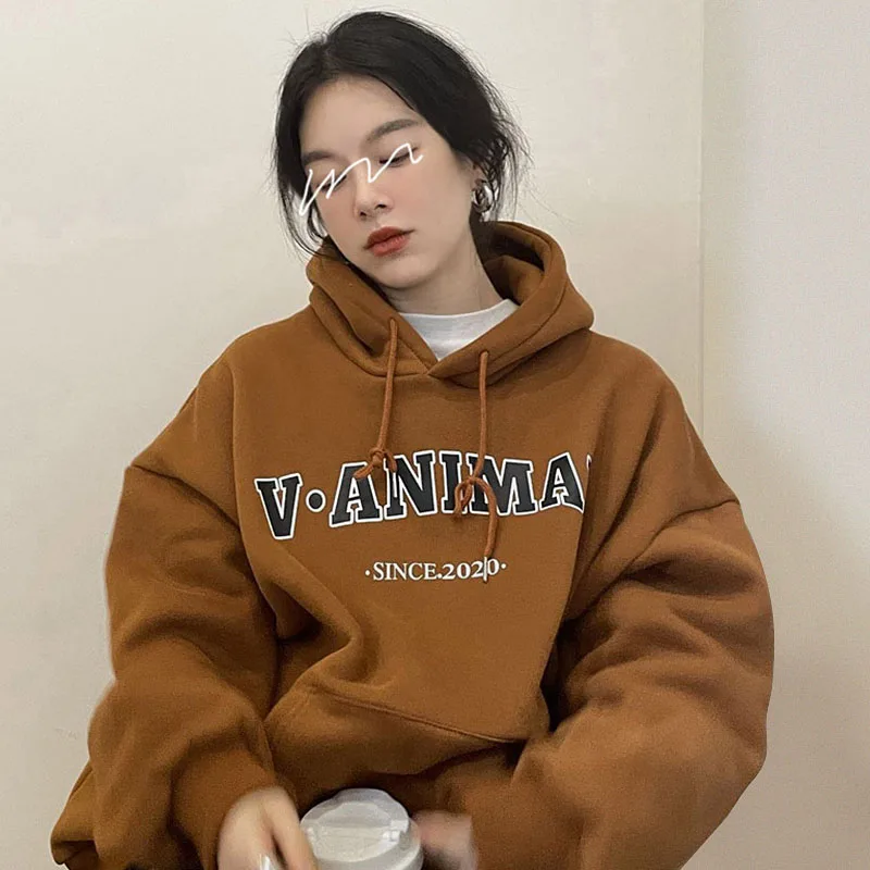 

Новинка Осень-зима 2021 корейская мода повседневная толстовка с капюшоном на шнуровке с большими карманами и принтом букв свободная толстовк...