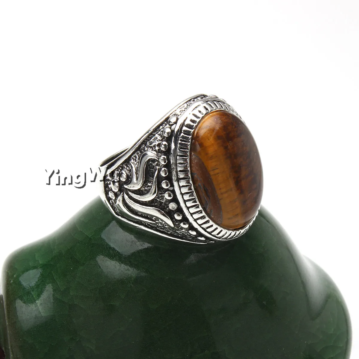 

Yingwu Oval Natural Tiger Eye Rings Flower Band Stone Ring For Women Men Antique Silver Plated Fashion Jewelry
