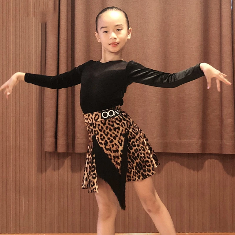 

Kids Latin Dance Dress Girls Long Sleeves Suit Black Tops Leopard Skirt Fringe Competition Dress Samba Salsa Dance Wear BL4855