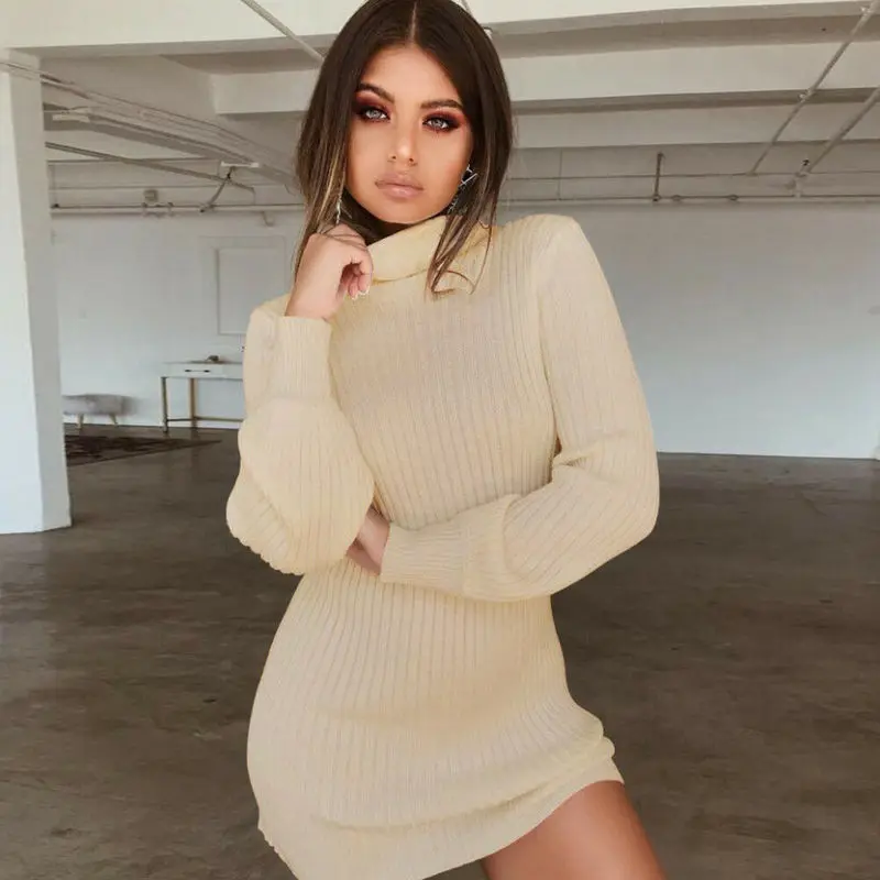 

Women Winter Knitted Jumper Gray Sweater Tops Pullover Knitwear Long Tops Dress