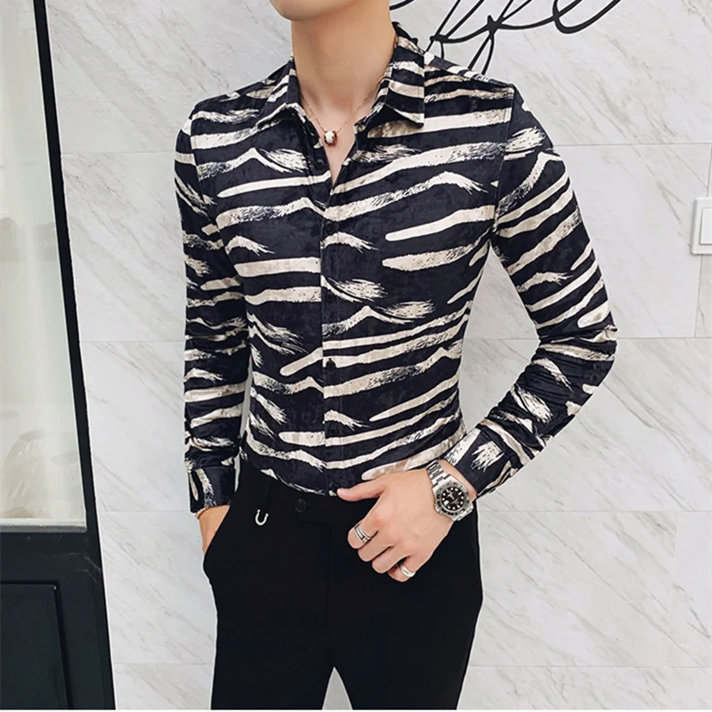 

Personality Striped Shirts For Men Top Quality Velvet Luxury Print Men's Shirt Fashion Club Clothing Long Sleeve Camisa V591