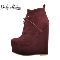 onlymaker womens round toe platform wedge zip burgundy boots heels high flock fashion big size booties