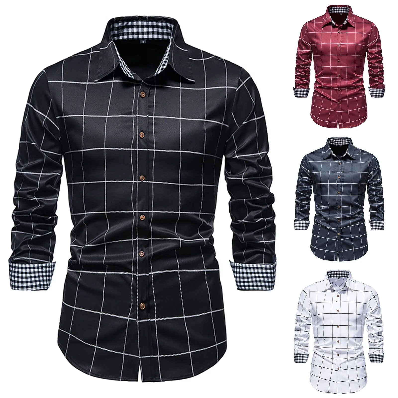 

2021 New Men's Shirt Social Shirts Autumn And Winter Casual Plaid Stitching Long-sleeved Single-breasted Lapel Fashion Shirt