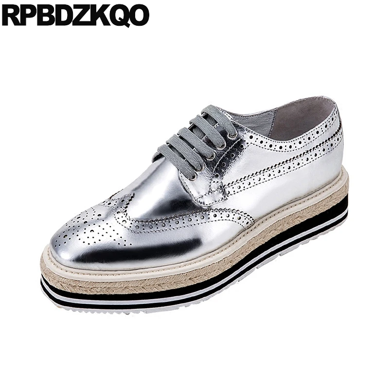 Серебряные криперсы броги на платформе с квадратным носком Espadrilles синие из