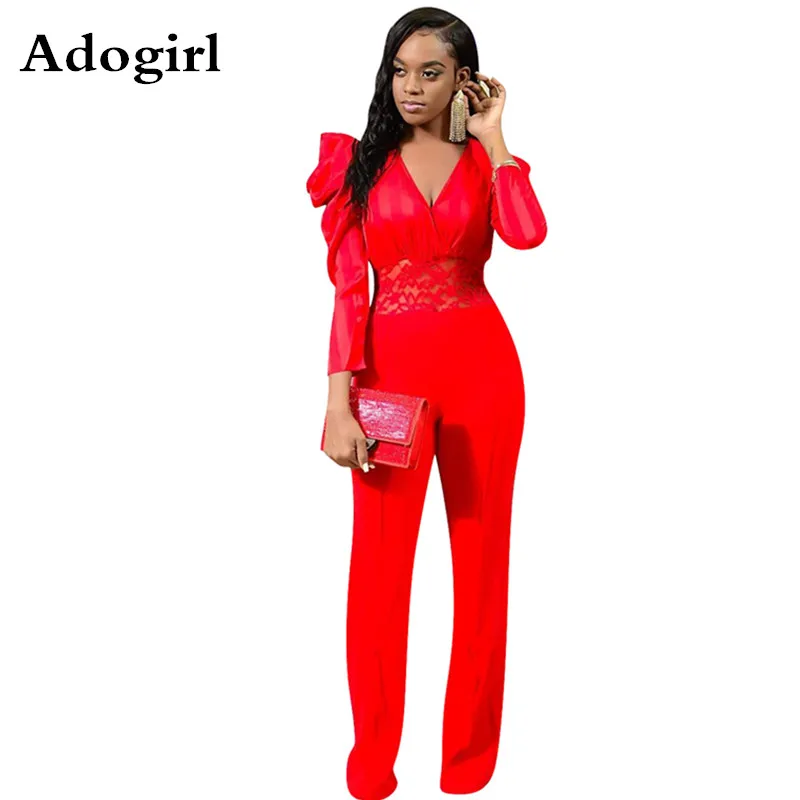 

Lace Hollow Out Waist Patchwork Jumpsuit Puff Sleeve Wrap V-neck Bandage Skinny Jumpsuit Office Ladies Casual One Piece Outfits