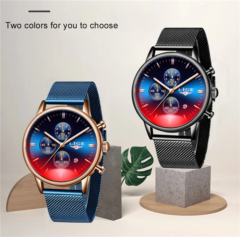 

Часы LIGE мужские с сетчатым ремешком, брендовые Роскошные модные спортивные водонепроницаемые кварцевые с коробкой
