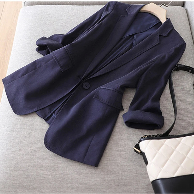 

Роскошный тонкий пиджак с рукавом три четверти, женский летний Повседневный винтажный пиджак с английским воротником, элегантная офисная С...