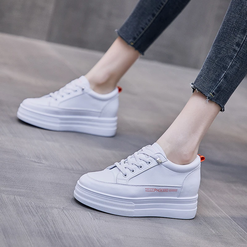 

New Solid Leather Women Shoes Lace Up Thick Heel Increased Flat Platform Small White Shoes Woman Loafers Casual Shoes Footwear