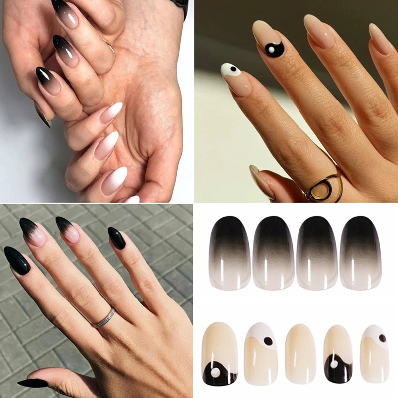

24Pcs/Box White And Black Tai Chi Wearing Nail Finished Fake Nail Patch Oval Head Pre Design Acrylic Nail Tips For Girls