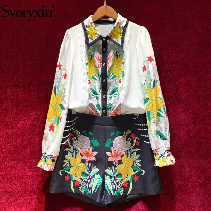 

Svoryxiu 2021 New Autumn Fashion Runway Two Piece Set Women's Flower Print Long Sleeve Blouse + Beaded Shorts Twinset