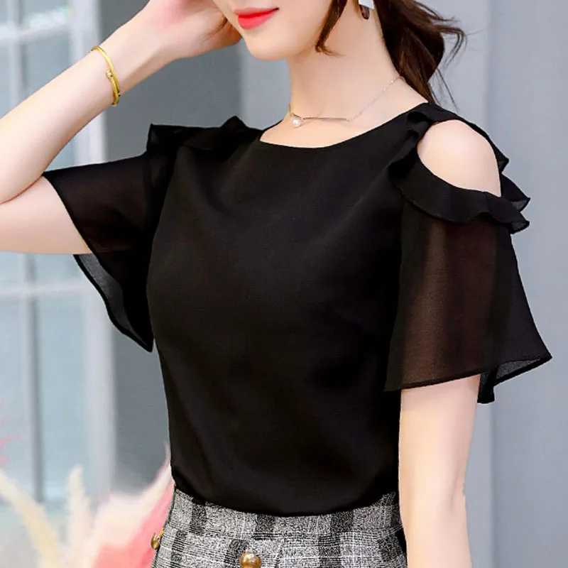 

Blusas mujer de moda 2021 black top korean Solid Ruffles Short Chiffon O-Neck Flare Sleeve women white blouse 0503