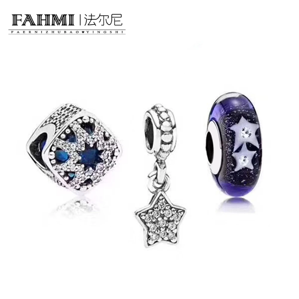 

2020 100% 925 Sterling Silver Star Charm Late Night Blue Glass Beads Snowflake Glamour Surprise Gift Set Original Women's