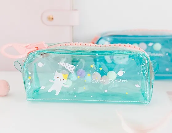 1 шт. Kawaii Прозрачный чехол для карандашей с кошкой, вместительный школьный пенал на молнии, сумка для хранения карандашей, школьные принадлежности, канцелярские принадлежности, подарок