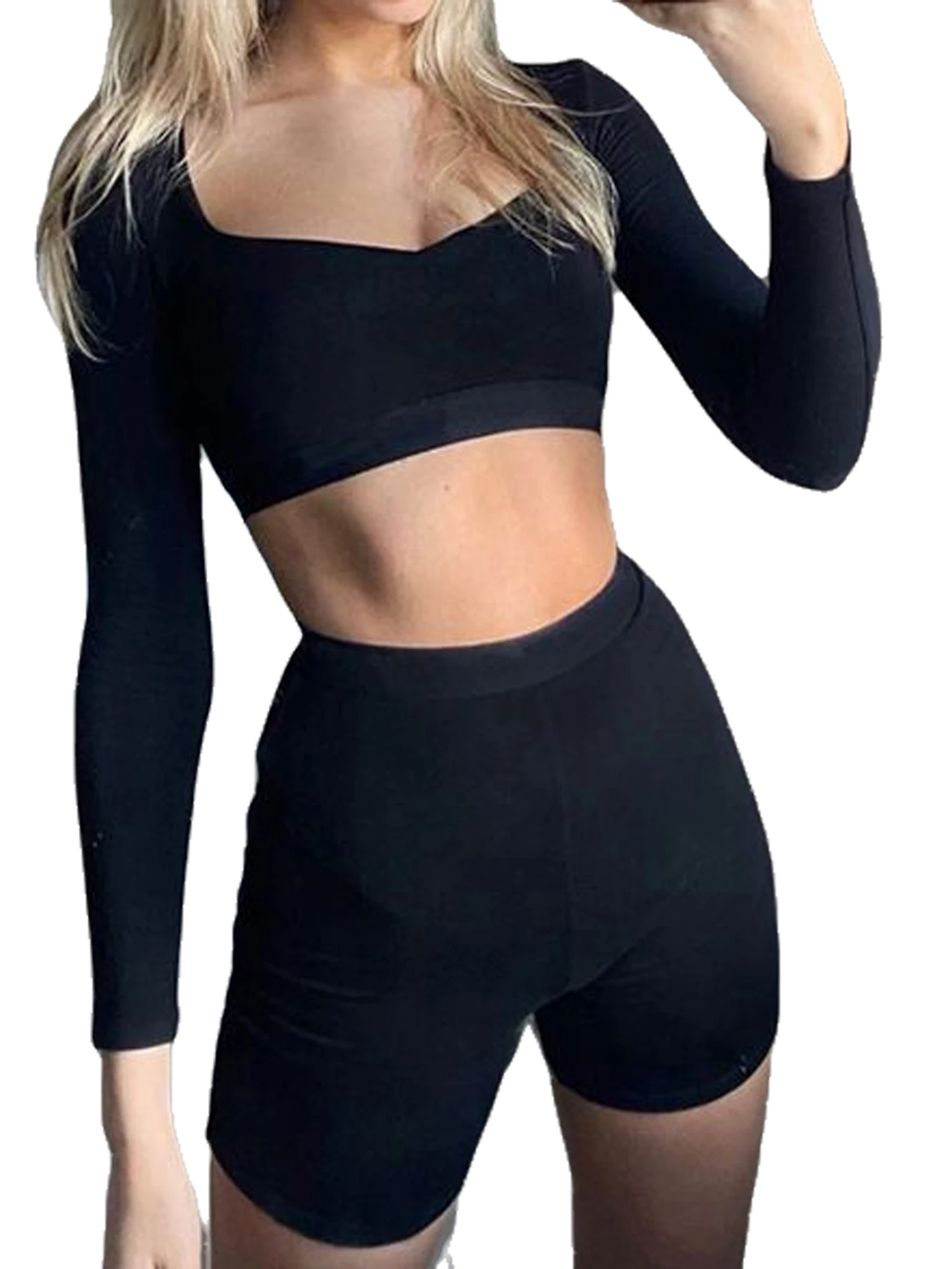 

Fashion Women's Sports Two Piece Set Fashion Solid Color Square Collar Exposed Navel Top and Tight Shorts