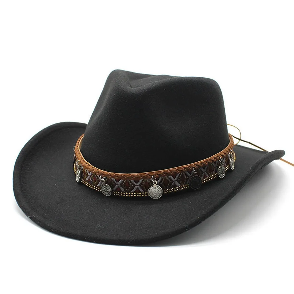 

Four Seasons Man lady Cowboy Hats Woolen Ethnic Style West Indian Banded Copper Coin Decoration High Quality Caps