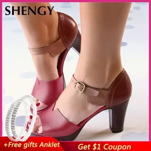 Босоножки женские на массивном каблуке, винтажные элегантные кожаные туфли с ремешком на щиколотке, туфли-лодочки, открытый носок, высокий каблук, лето, 2019