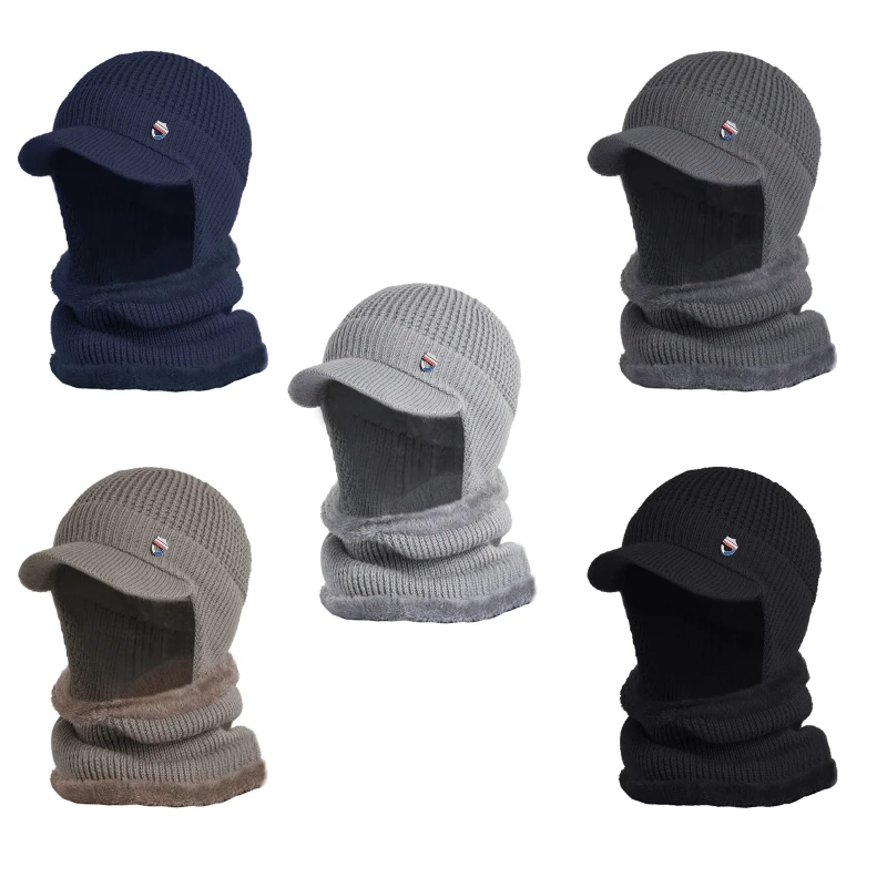 

Men Winter 2Pcs Set Visor Brim Earflap Beanie Hat with Circle Scarf Knitted Thicken Plush Lined Skull Cap Neck Warmer