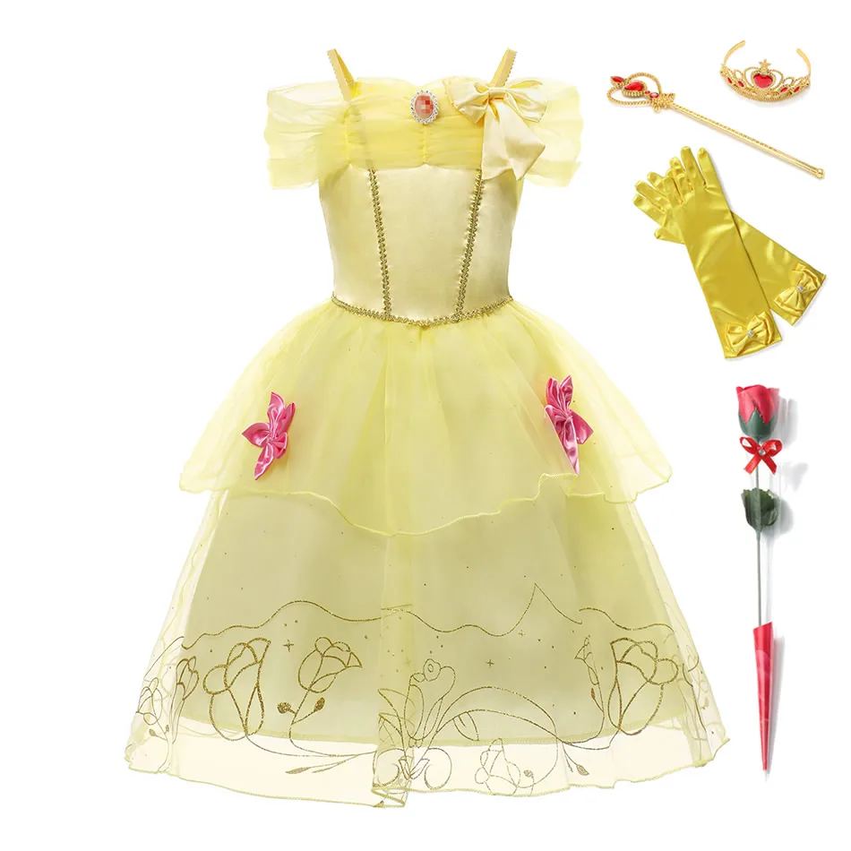 Vestido de princesa bella para niñas, traje de satén de tul amarillo con hombros descubiertos, estampado de rosa, ropa de Cosplay de La Bella y La Bestia, 2-8T